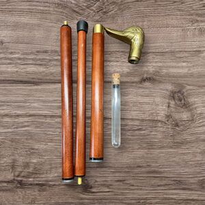 Vintage Wood & Brass Duck Head Walking Stick Cane - 3 Piece, Hidden Flask